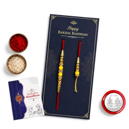 Image of Oblivion Bhai Bhabhi Designer Rakhi Lumba Pcs Set of 2 with Silver Pooja Coin, Greeting Card, Lumba Rakhi for Bhabhi - Rakhi Gift for Bhai & Bhabhi