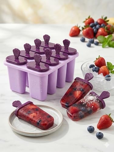 Image of BPA Free Ice Lolly and Kulfi Maker Set of 8 Reusable Popsicle Moulds Food Grade Plastic Ice Cream Popsicle Maker for Home Kitchen Multicolor (Purple)