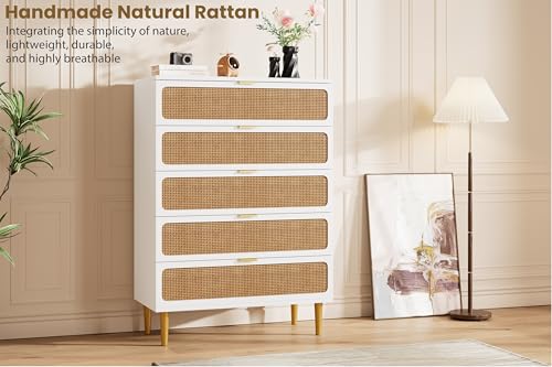 GarveeHome Rattan 5 Drawer Dressers for Bedroom, Tall Dresser with Deep Drawers, Large Chest of Drawers for Closet with Wide Top, Long Wooden Dresser for Living Room, Hallway, Kids Room, White
