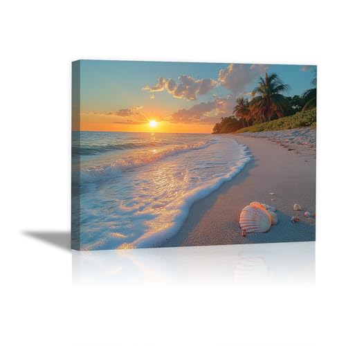 Décoration murale rivage exotique 30x45cm avec cadre orange soleil
