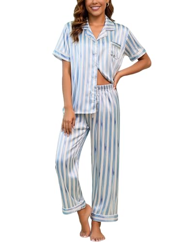 Image of UMBY Silk Satin Pajamas for Women Set 2 Piece button down Soft Silk Pjs Sets Cozy Silky Pajama Short Sleeve