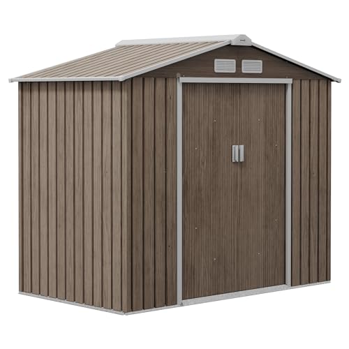 Outsunny Cobertizo de Jardín 2,5m² con Base de Refuerzo Sin Suelo 213x130x185 cm Caseta de Jardín Exterior con 2 Puertas Correderas y 4 Ventanas para Almacenamiento de Herramientas Efecto Madera
