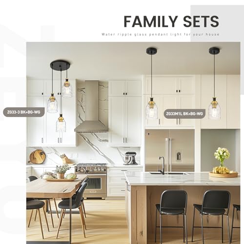 Image of zeyu Adjustable Modern Cluster Pendant Light for Kitchen Island, 3-Light Pendant Lighting, Black and Gold Finish with Water Ripple Glass Shade, ZG33-3 BK+BG-WG