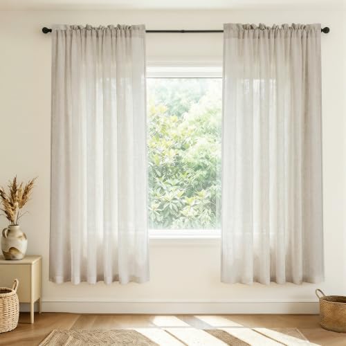 Mrs.Naturall 72 Inch Length Linen Sheer Curtains for Living Room, Rod Pocket Beige Semi Light Filtering Drapes for Bedroom Dining Room Livingroom Window 52x72 Inches Long 2 Panel Set