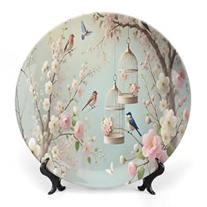 Cherry Blossom Branches Adorned with A Birdcage Bone China Decorative Plates 8inch with Display Stand, Boho Luxury Ceramic Hanging Plate for Home Decor, Personalized Ornament Dessert Plate Wall Decor