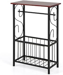 COSTWAY Sofa Side Table, Narrow Nightstand Bedside End Table with Hanging Rack and Storage Basket, Metal Frame Wooden Coffee Tea Table for Living Room Bedroom Balcony