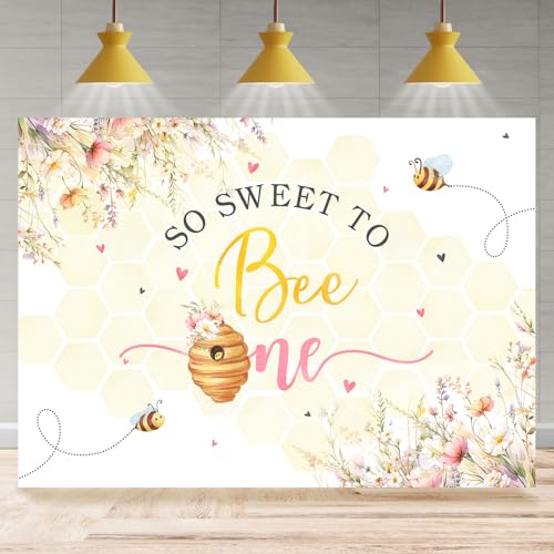 Rsuuinu So Sweet to Bee One Party Backdrop Girls 1st Birthday Bee Theme Photography Background Floral Honey Bees First Birthday Party Decoration Supplies Banner Photo Booth Studio Props 7x5ft
