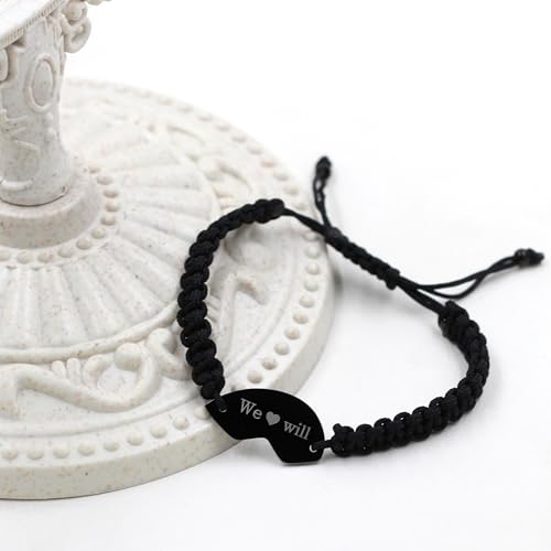 Image of Personalize 3PCS Friendship Bracelets Heart Puzzle Matching Handmade Woven Braided Black Rope Bracelet Set for Best Friends Sisters