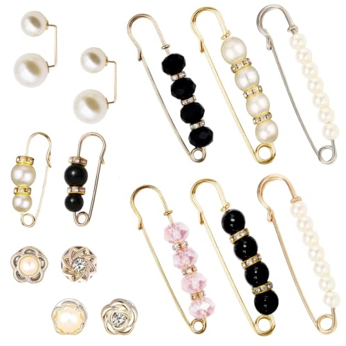 Image of 14 Pieces Brooch Safety Pins Pearl Brooch Button Pin Pant Waist Tightener Pins for Clothes Sweater Shawl Collar Dress Cardigan Shirt Jeans Accessories for Women Girls