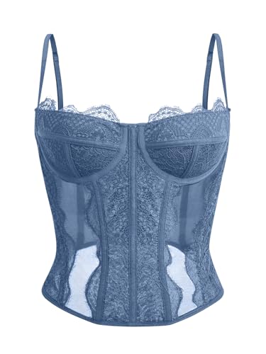 Image of Dealmore Corset Tops for Women Going Out Fall Fashion Crop Sexy Lace Outfit | Y2k Spaghetti Strap Tank, Date Night Mesh Bustier, Party Lingerie, Concert Club Festival Clothes, Trendy Cami
