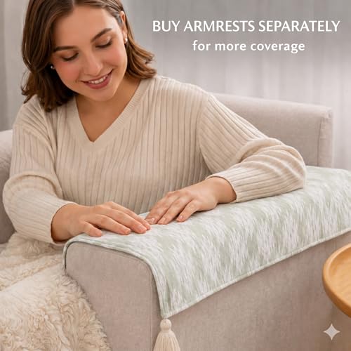 Image of STITCHNEST 'Verdant Ikat Stories' 3 Seater Sofa Cover| Elegant Jacquard Fabric, Decorative Tassels, Washable & Durable for Modern Living