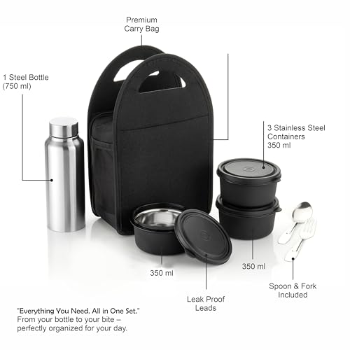 Image of NARIYA Lunchbox Set with 3 Leak-Proof Container, 1 Steel Bottle and Steel Spoon Set for Office and School (Black)