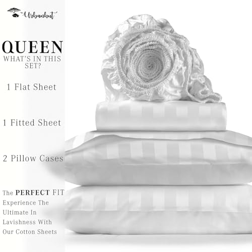 URBANHUT 800 Thread Count Egyptian Cotton Damask Striped Queen Size Sheets Set (4 Pcs) - Ultra Soft & Smooth, Sateen Weave Queen Size Sheets, Luxury Hotel Sheets with 16" Deep Pocket - White