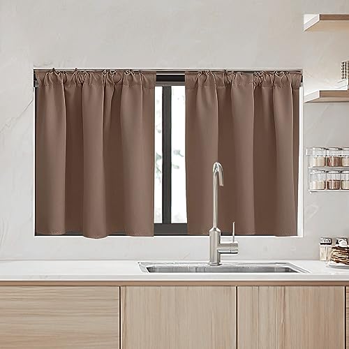 Image of RYB HOME Kitchen Window Curtains - Blackout Privacy Half Window Curtains for Bedroom Bathroom Dining Living Room Cafe Office Short Tiers Drapes, W 34 x L 36 inches, 2 Panels, Mocha