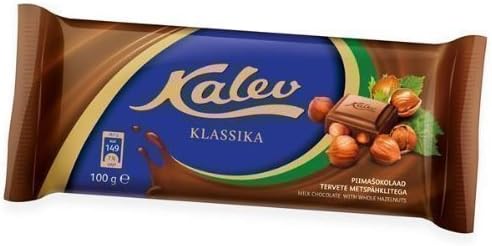 Milk Chocolate Bar with Whole Hazelnuts 100g - from Estonia, Kalev [Pack of 4]