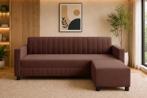 Image of 3 Seater Wooden Sofa with Ottoman | Modern Sofa Set for Living Room | Stylish Home Furniture Sofa with Comfortable Seating-Brown