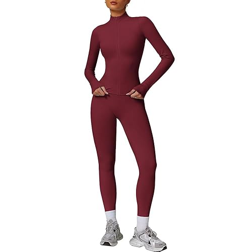 JN JANPRINT Women's 2pcs Gym Sets Tracksuit Sweatsuit Yoga Suit Long Sleeve Activewear Zip Up Top Workout Leggings Fitness Clothing - S - Burgundy