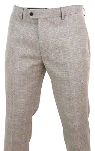 Mens Check Tweed Beige Brown Trousers Wedding Prom Vintage Retro Classic2