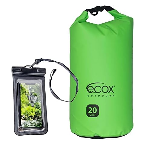 ecox Outdoors Waterproof Dry Bag for Outdoors Activities High Grade 500D PVC Construction Includes Waterproof Phone Case and Side Strap for Easy Carry 20L Green DB20LG Cover