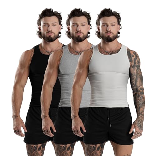 Gymreapers Mens Tank Tops Ribbed Sleeveless Undershirts - Cotton Fit Breathable Tank for Gym Workout & Training - Pack of 3 (US Alpha Medium Regular Regular Black/Gray/White)