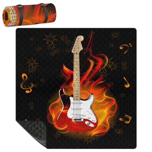 Shimoshe Extra Large Picnic Blankets 79”x 79”, Music Note Burning Guitar Firework Waterproof Foldable Picnic Mat with Straps Portable Beach Blanket for Camping Park Grass Beach Indoor