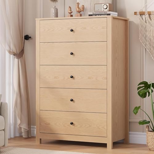 Garvee 5 Drawer Dresser for Bedroom – Modern Simply Chest of Drawers, Wood Storage Dresser with Deep Drawers for Living Room, Hallway, Entryway, Natural Oak Natural Oak 29.1"D x 15.8"W x 44.