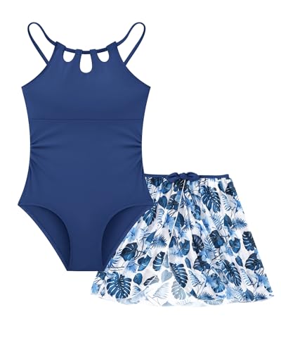 Image of Redair Girls Swimsuit One Piece Swimwear with Tropical Printed Cover Up Skirt Girls Bathing Suits Set 7-16 Years