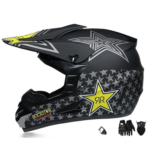 WMDMJT Casco De Moto Integral con Gafas, Guantes, Máscara, Unisex, Casco De Cross En ABS con Hebilla De Liberación Rápida, Ventilación Delantera/Trasera para Off-Road, ATV, Motocross,Black-L