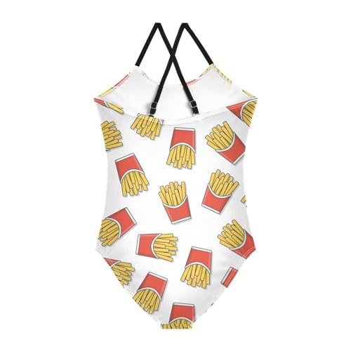 French Fries Girls One Piece Swimsuits Funny Fast Food Sport Halter Swimwear Beach Bathing Suit 5-6T2