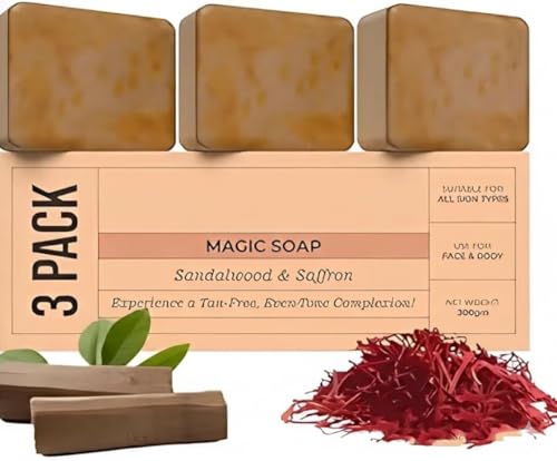 Image of Magic Soap Tanning Removal Sandalwood & Saffron Magic Soap For Bath and cleasing skin (100 Gms Pack Of 3) | Paraben Free | Chandan & Kesar Bath| Handmade Soaps For Glowing skin | Skin Brightening For Men & Women (PACK OF 3)
