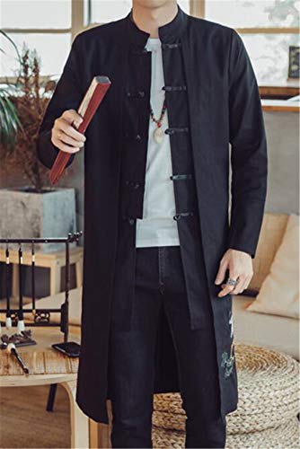 Image of HZCX FASHION Men's Vintage Cotton Linen Stand Collar Frog-Button Trench Coats