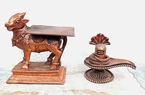 Image of Copper Idols India 2.7 inches, Handmade Shivalingam with Nandhi Vahanam 388 Gram, Combo Idol,Patina Antique Finish, Pack of 1Piece