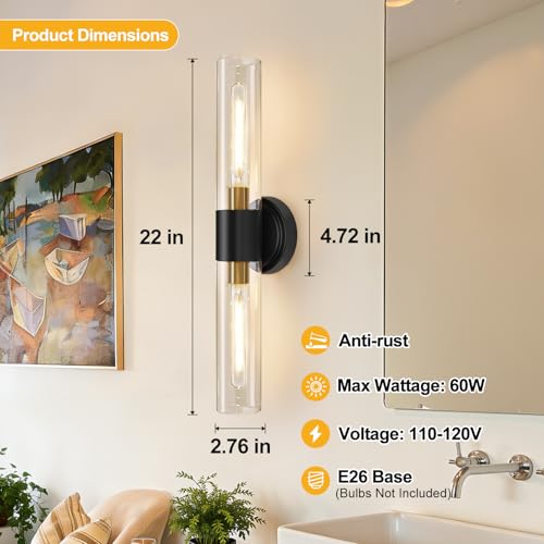 Image of Wall Sconces Set of Two, Modern Bathroom Sconces Wall Lighting with & Clear Glass Glass, Black and Gold Sconces Wall Decor Set of 2 for Bathroom Mirror Bedroom Living Room Hallway