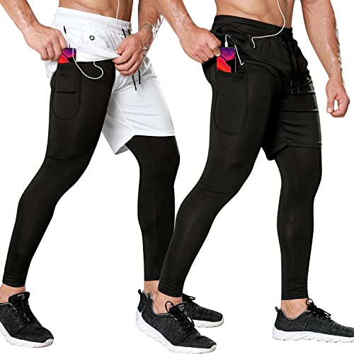 Odoland 2 Pack Mens Athletic Compression Running Pants, 2 in 1 Quick Dry Athletic Workout Sweatpants Shorts Gym Leggings with Pocket, Black/White, L