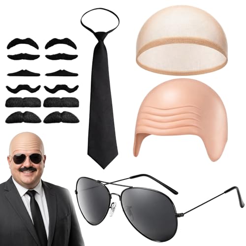 CYCFMYYLY 16 PCS Pitbull Costume Adult Bald Caps Set with Hair Nets Bald head tie beard and Sunglasses Realistic Skin Color Latex Bald Head Wig for Women Men Halloween Theme Party Cosplay