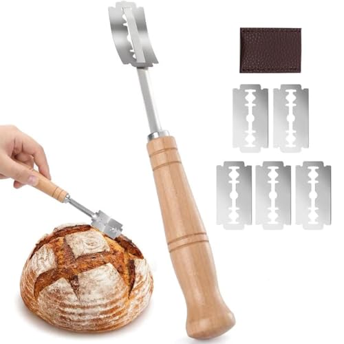 Image of Supvox Bread Lame with 5 Pieces Replaceable Blades, Stainless Steel Bread Knife with Wooden Handle, Professional Baking Kitchen Bread Lame for Bread Baking, Sourdough, Country Bread
