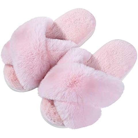 Evshine Women's Fuzzy Slippers Cross Band Memory Foam House Slippers Open Toe, Pink, 40-41 (Size 8.5-9.5) Cover