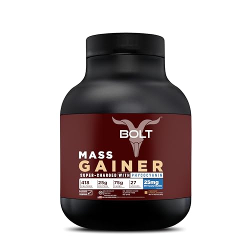 Bolt Mass Gainer | Weight Gainer | Supercharged With Phycocyanin | 25G Protein, 75G Carbs & 412 Calories For Muscle, 2Lb/907 gm | Piedmont Chocolate