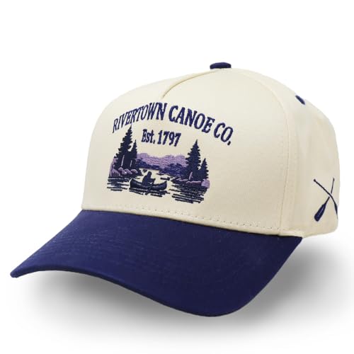 Vintage Outdoor Club Trucker Hats | Bass, Duck, Canoe & Horse Racing | Men | Embroidered 2-Tone Snapback Cap (US, Alpha, One Size, Rivertown Canoe Co. | Navy)