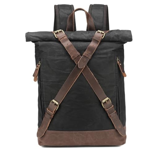Waxed Canvas Roll-top Backpack for Men,X-Shaped Belt Vintage Rucksack, Large Daypack Casual Hiking Travel Backpack (Black)