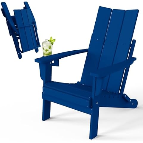 Folding Adirondack Chair with Cup Holder, Poly Lumber Patio Chairs, Wood Texture, Pre-Assembled Weather Resistant Outdoor Chairs for Pool, Deck, Backyard, Garden, Fire Pit Seating, Navy Blue Cover