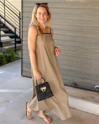Image of Senllen Women's Linen Dress Summer Loose Flowy Sundress Contrast Spaghetti Strap Sleeveless Backless Beach Maxi Long Dresses