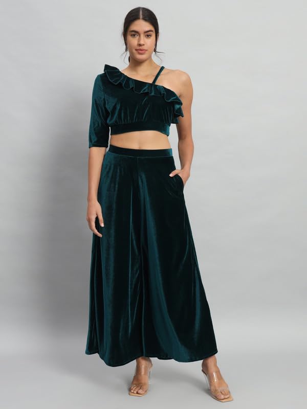 Image of Vaararo Velvet Co-Ords for Women | One Sleeve Crop Top with Palazzo Set Casual Party Dress