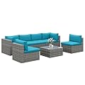 SUNVIVI OUTDOOR 7 Piece Patio Furniture Sets All Weather Grey PE Wicker Couch Sofa with Glass Table, Removable Blue Cushions