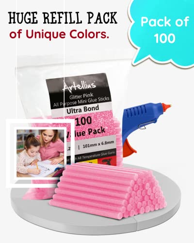 Artellius - Pink Glitter Hot Glue Sticks 4\" x.27\" (100 Bulk Pack) - Ultra Bond Hot Melt Adhesive Mini Glue Sticks for All temperature Glue Guns