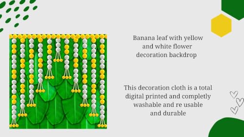 Image of Banana Leaf Decoration for Pooja | Banana Leaf Pooja Backdrop with Yellow and White Hanging Flower Garlands 5x5 feet | Backdrop Cloth for Decoration laxmi Pooja