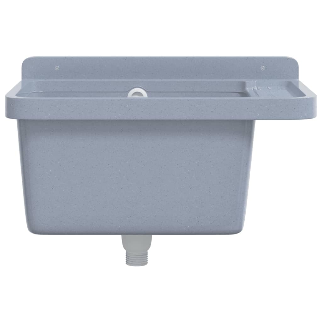 Fregadero de pared gris 50 x 35 x 24 cm resina 11 L de volumen con rebosadero, fregadero para cocina y jardín, empotrable con escurridor para interior y exterior