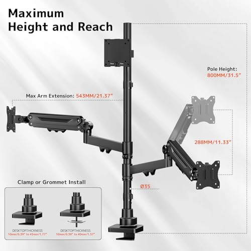 Image of Triple Monitor Mount up to 49 inches, Fully Adjustable Heavy Duty 3 Monitor Arm with Gas Spring, Desk Mount for 3 Screens, C-Clamp & Grommet Base, Holds 44 lbs, Black