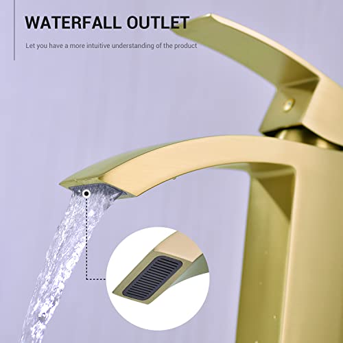 Brushed Gold Waterfall Bathroom Faucet Single Handle Waterfall Vanity Sink Faucet With Cupc Water Supply Hoses Pop Up Drain Assembly And 6-Inch Deck Plated, Matte Gold #TOP2