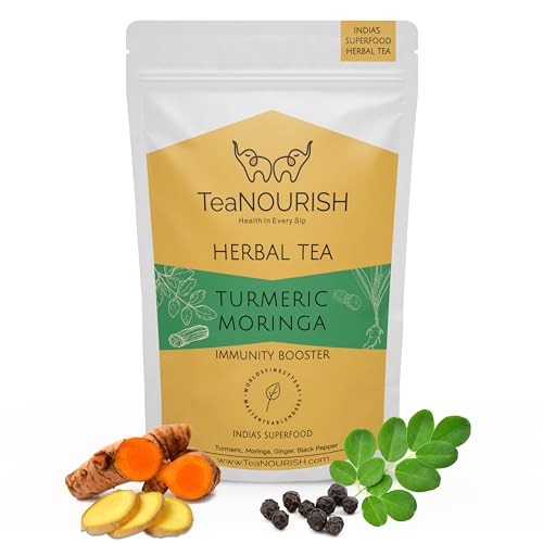 TeaNOURISH Kurkuma Moringa Kräutertee | Mischung aus indischen Superfoods Kurkuma, Moringa, Ingwer und schwarzem Pfeffer | Unterstützt die Immunität | 100% NATÜRLICHE – 100 g
